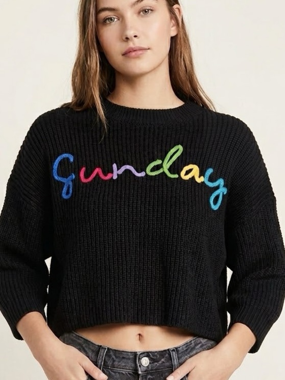Moon & Madison Black Chunky
Knit "Gunday" Embroidered
Cropped Sweater Small